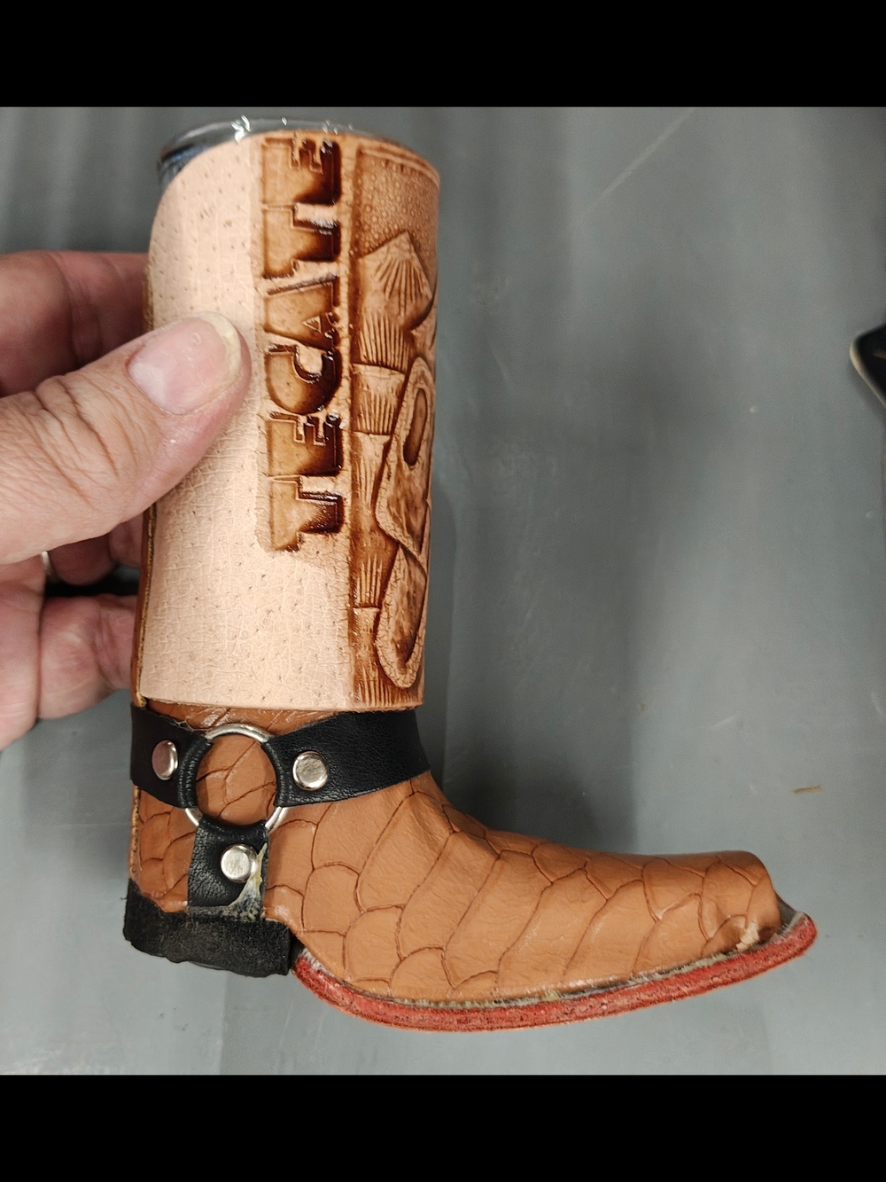 Handcrafted Tan Leather Boot Keychain with Embossed Detail